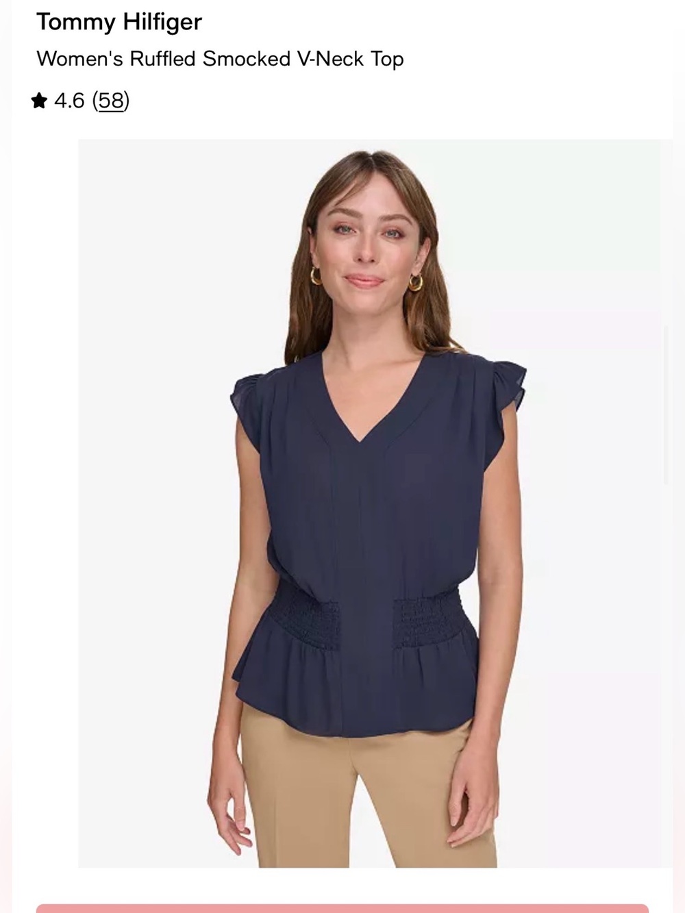 Tommy Hilfiger Navy Ruffled Smocked V-Neck Blouse